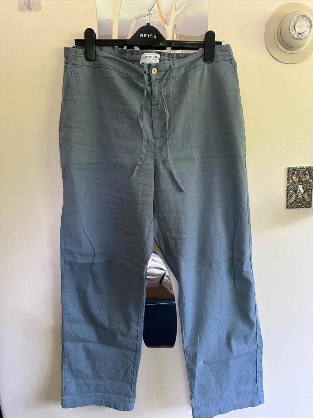 Frescobol Carioca Light Blue Linen Pants with Button & drawstring waist